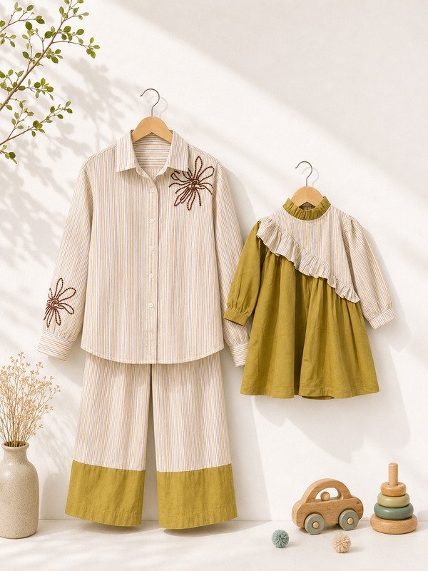 Sage Handblock Shirt with Striped patch pants