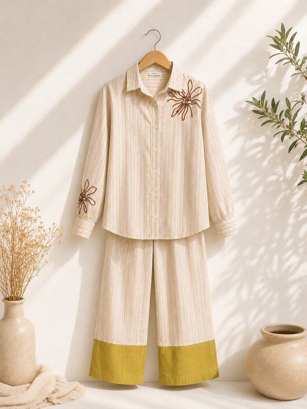 Sage Handblock Shirt with Striped patch pants