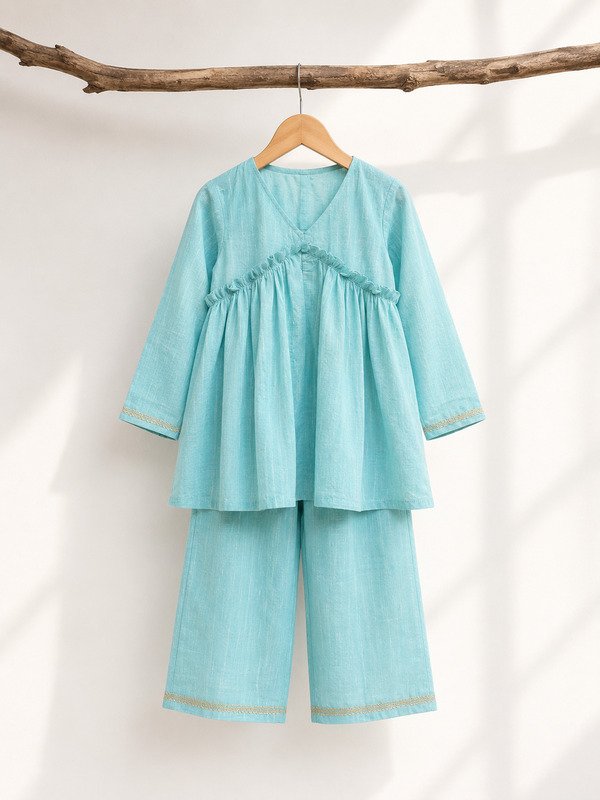 Girls Aqua Gleam Frill kurta set