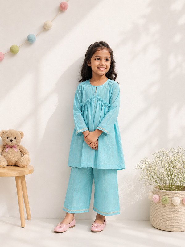 Girls Aqua Gleam Frill kurta set