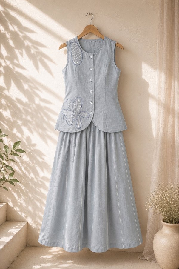 Pastel Blue Linen Applique Waistcoat & Skirt set