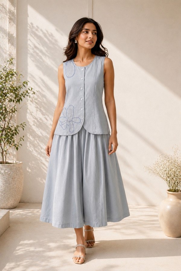 Pastel Blue Linen Applique Waistcoat & Skirt set