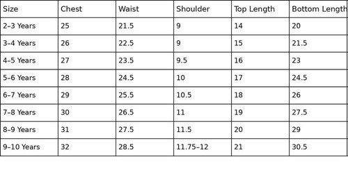 Size chart for Girls